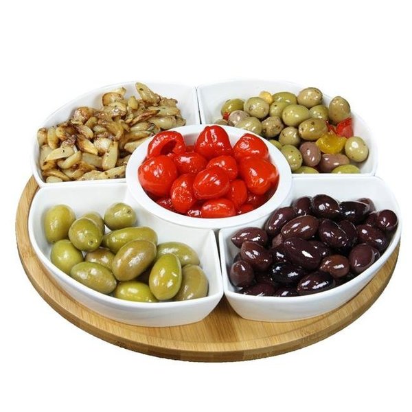 Elama Signature Elama Signature EL-188 12.25 in. Lazy Susan Appetizer & Condiment Server Set with 5 Serving Dishes & A Bamboo Lazy Suzan Serving Tray -6 Piece EL-188